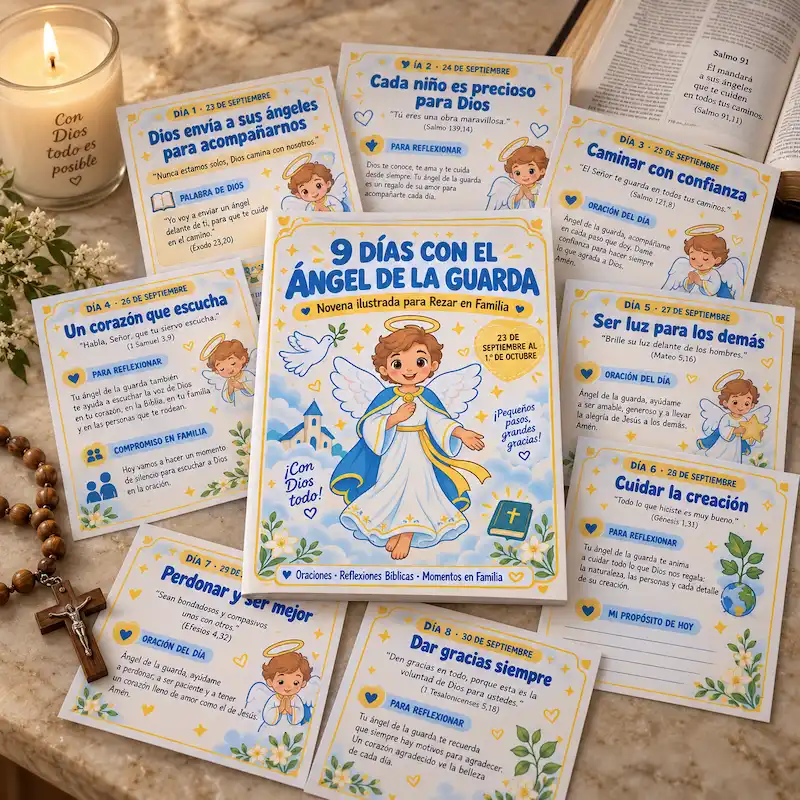 Mockup de la Novena Ilustrada del Ángel de la Guarda con portada y páginas de ejemplo