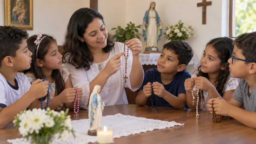 Catequista enseñando a los niños a rezar el Rosario.