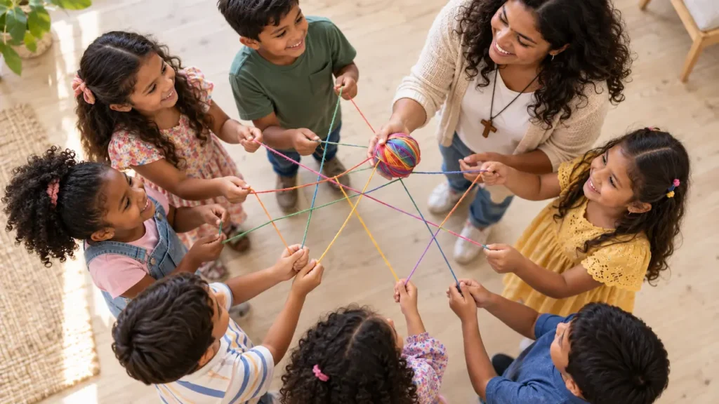 Niños y catequista realizan la dinámica de la telaraña de la amistad con un ovillo de lana.