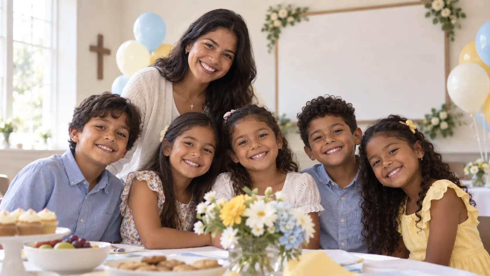 Niños y catequista en una fiesta de bienvenida de la catequesis en un salón parroquial.