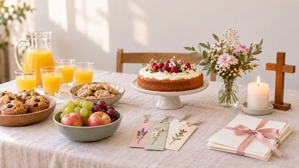 Mesa de bienvenida para catequesis con pastel, bocadillos, recuerdos, una vela y una cruz de madera.