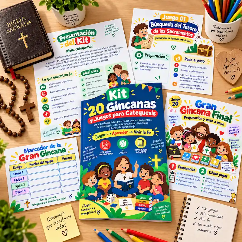 Mockup del Kit 20 Gincanas y Juegos para Catequesis
