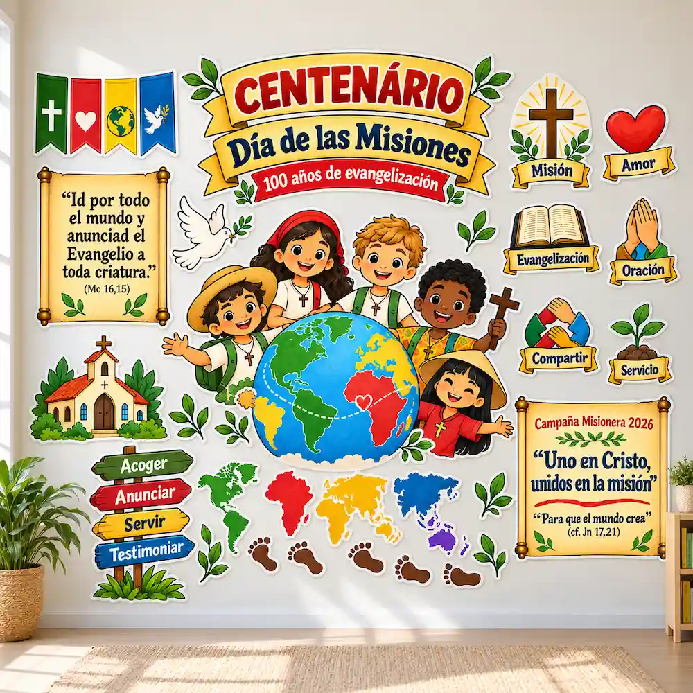 Mural del Centenario del Día de las Misiones montado en la pared del salón de catequesis