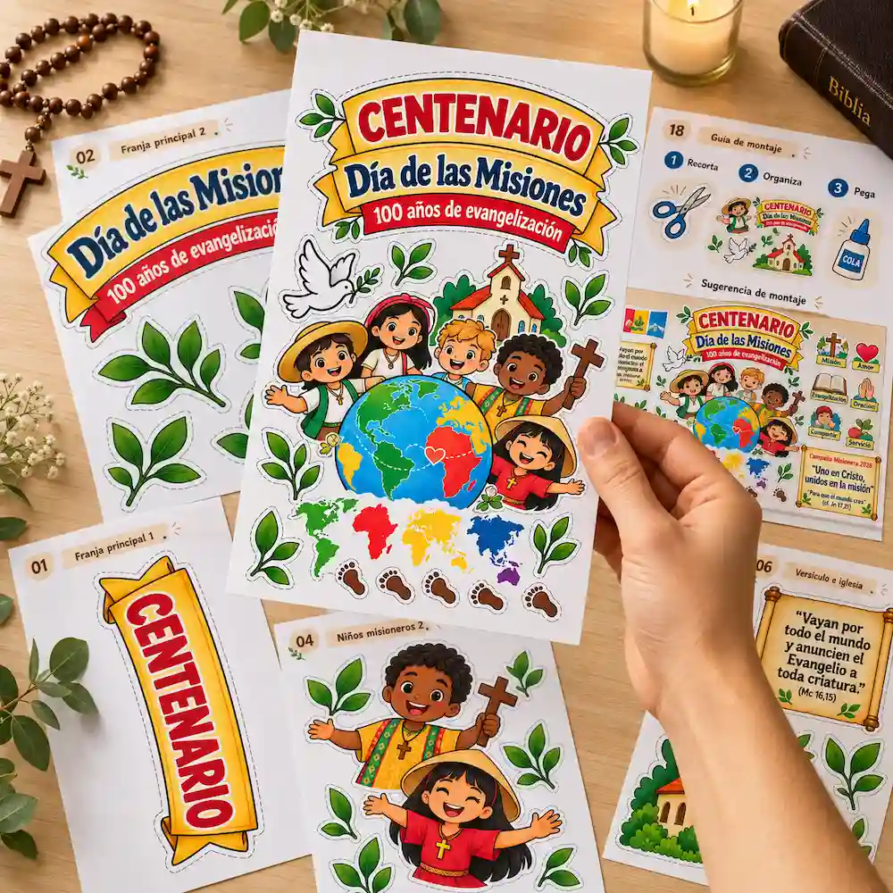 Mockup: hojas impresas y piezas recortadas del Mural del Centenario