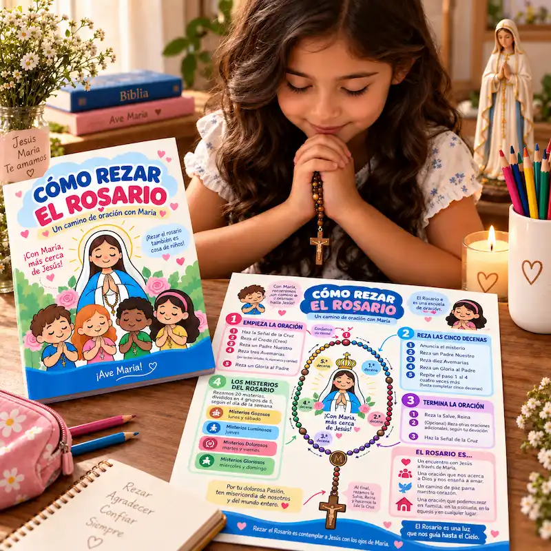 Niño rezando el Rosario con los mapas mentales ilustrados