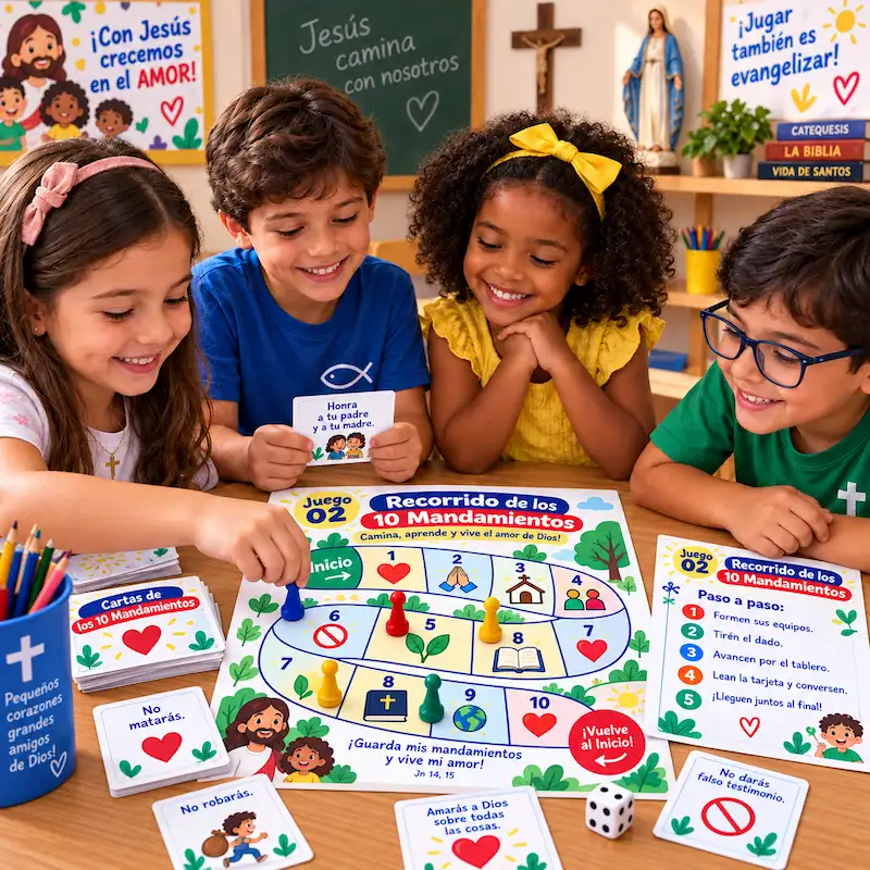 Niños jugando con el juego Camino de los 10 Mandamientos