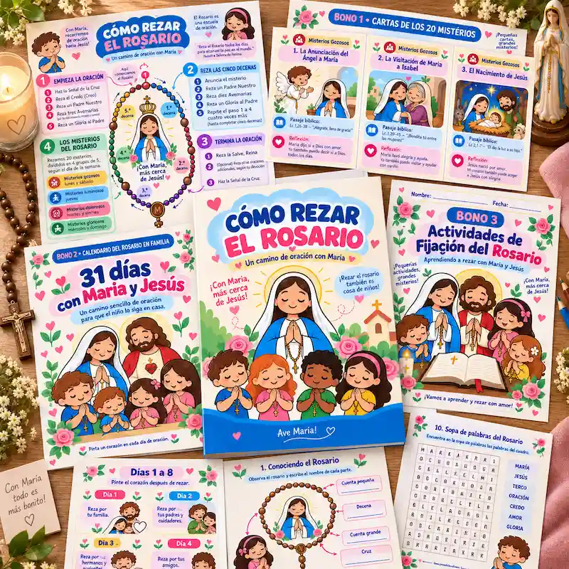 Plan completo: mapas mentales ilustrados de cómo rezar el Rosario y materiales complementarios