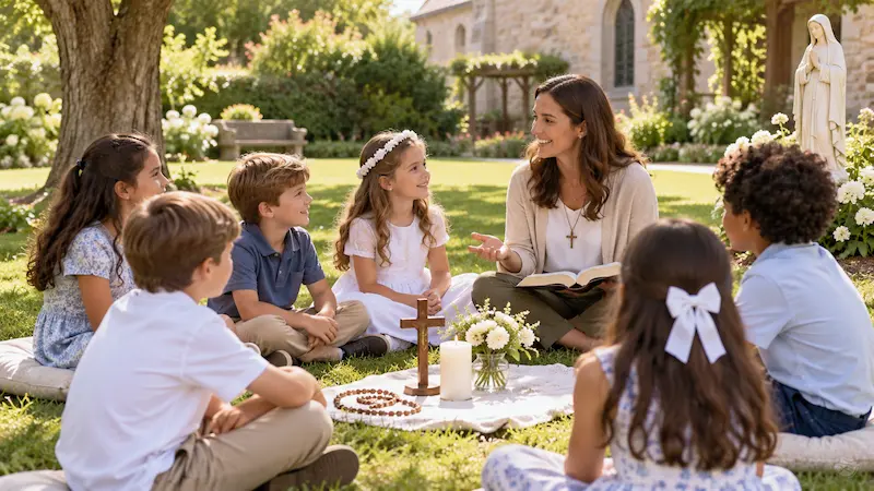Catequista y niños en un retiro.
