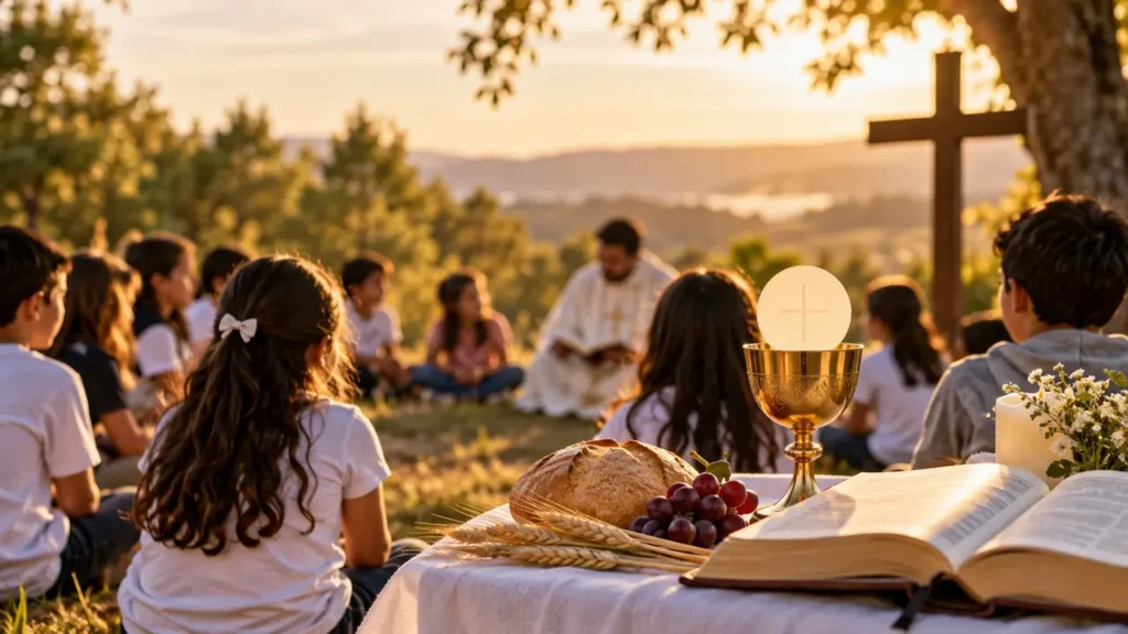 Niños y sacerdote en un retiro.