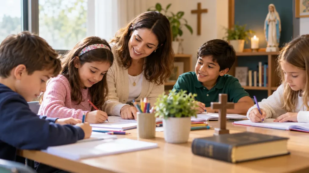 Niño realizando una evaluación de catequesis.