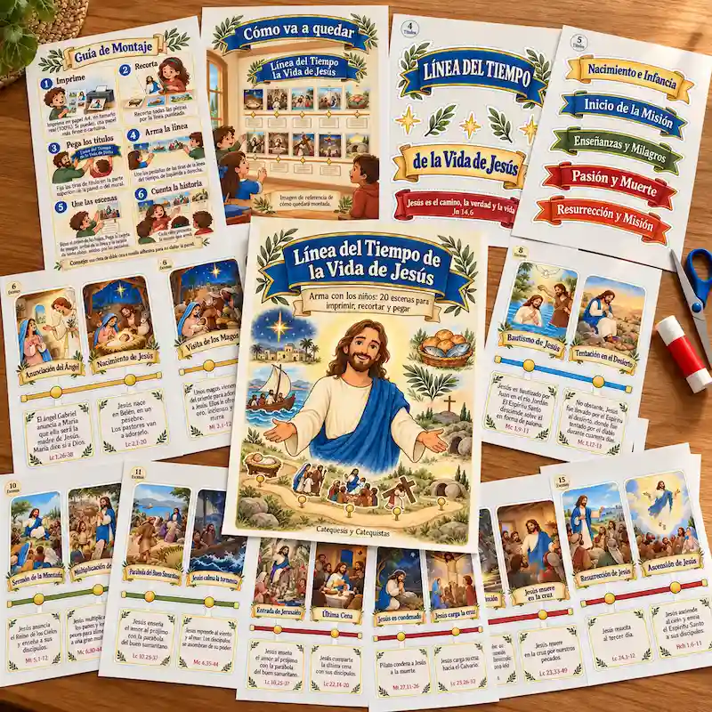 Mockup: hojas impresas y escenas recortadas de la Línea de Tiempo de la Vida de Jesús