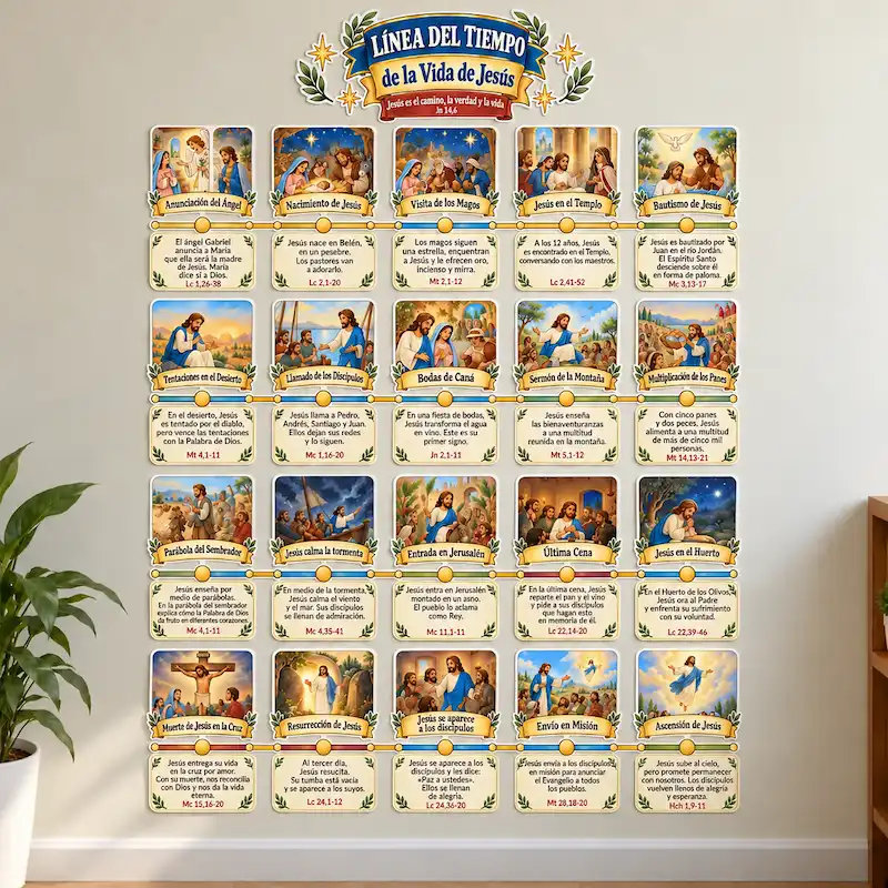 Línea de Tiempo de la Vida de Jesús armada en el mural del salón de catequesis