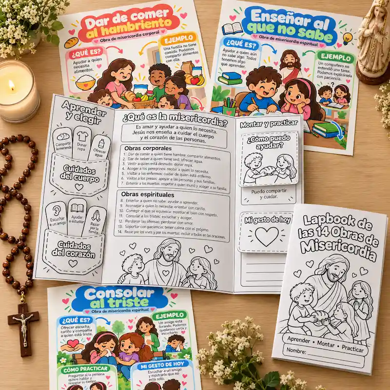 Lapbook armado y abierto con mapas ilustrados de las obras de misericordia