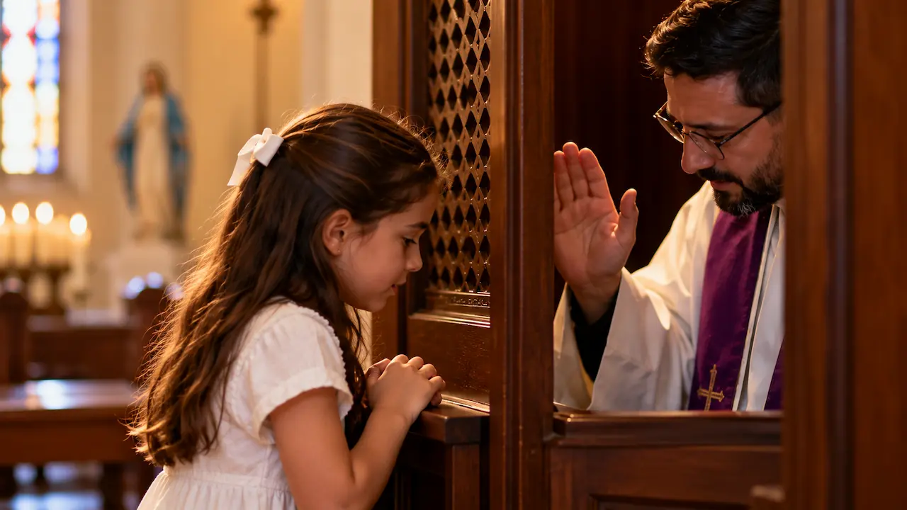 Una niña recibe el sacramento de la primera confesión en una iglesia católica, arrodillada ante el sacerdote en el confesionario, en un momento de oración, acogida y perdón.